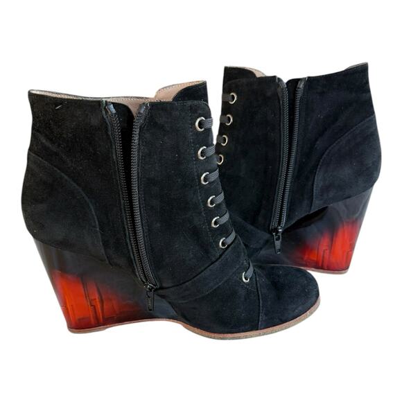 Rebecca Sanver Black Suede Booties Sz 6.5 Amber Lucite Heels Anthropologie EUC - Picture 7 of 12